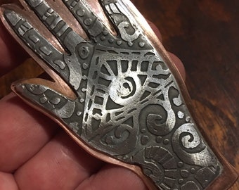 Etched Pewter Hand Brooch - Copper Evil Eye Talisman Pin