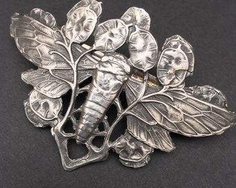 Pewter Cicada Hair Barrette: Art Nouveau Hair Slide