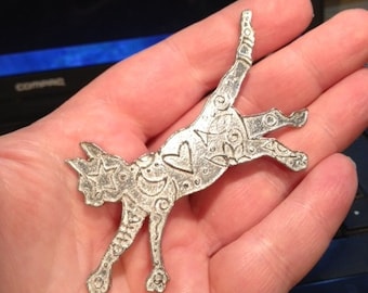 Pewter Cat Brooch: Leaping Cat Pin with Heart & Flower Design