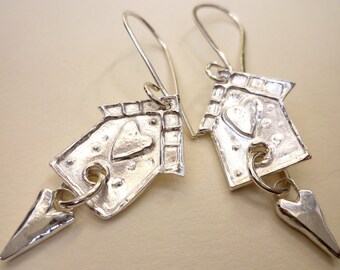 Silver Bird house shaped  dangle earrings with tiny hearts