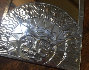Pewter Sun Face Mirror: Hand Tooled Art Deco Wall Decor