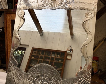 Hand Tooled Pewter Sun Face Mirror: Unique Bathroom Decor (16x20 inches)