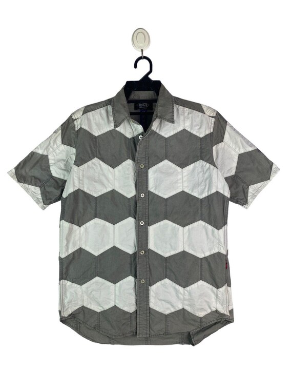 Vtg 90s Devilock hexagon patchwork button up shir… - image 1