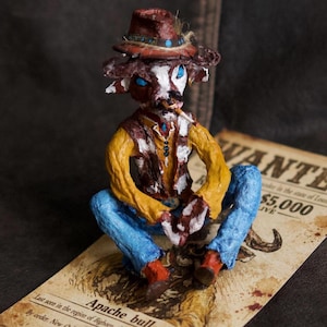 Figurine de cow-boy western vintage « Taureau Apache » en coton filé, collection OldWorld, avec poster WANTED. Objets de collection pour adultes.