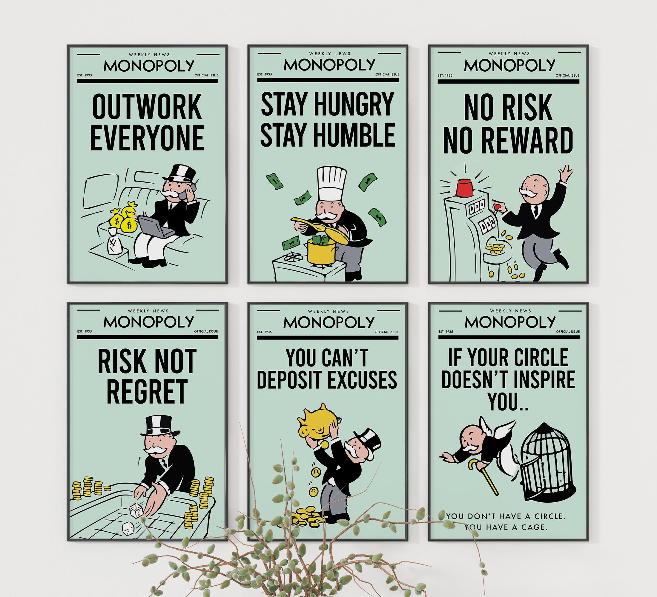 Monopoly Printable Wall Art -  6pcs Modern Art, Hustle For Your Future Motivational Canvas Painting, For Bedroom Living Room, Decor, Office