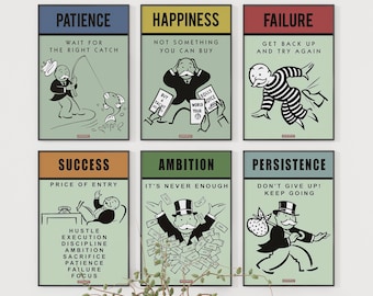 Monopoly Printable Wall Art -  6pcs, Success, Happiness, Patience, Failure Motivational Painting, For Bedroom Living Room, Decor, Office