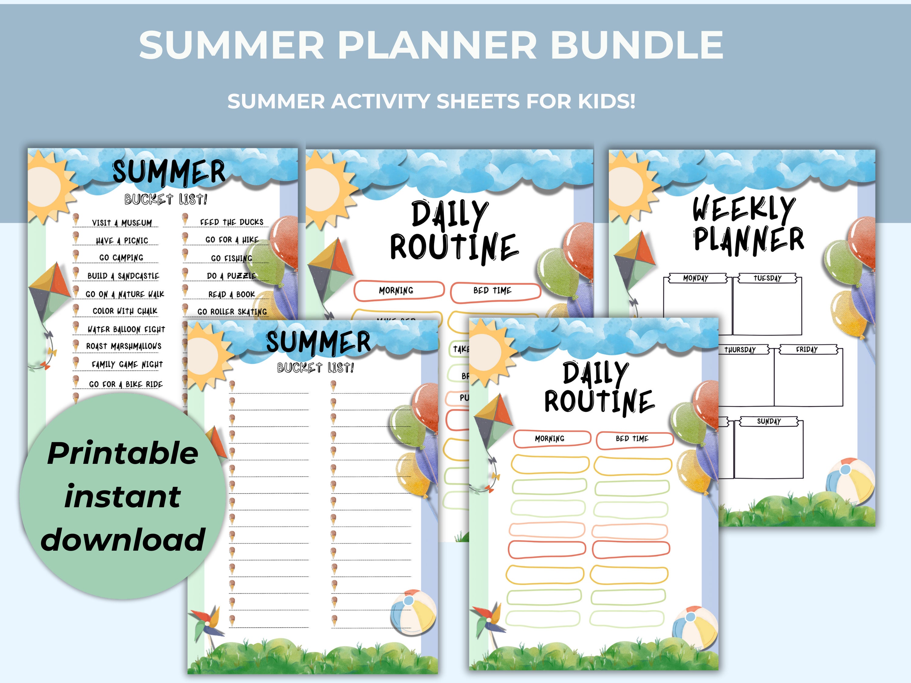 PLANNER for KIDS SUMMER break printable activity for kids daily chore bucket list for kids to do list for kids activities daily routine