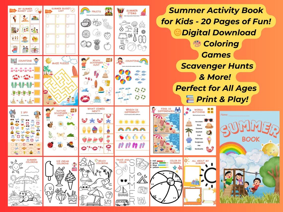 Summer Activity Book for Kids: Printable Learning Games (PDF) - Etsy