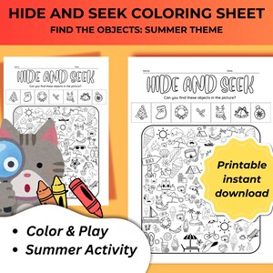 Könnte beinhalten: Ein ausdruckbares "Suchbild"-Malblatt mit Sommerthema. Das Blatt zeigt eine detaillierte Illustration mit verschiedenen sommerbezogenen Objekten zum Finden und Ausmalen. Eine Cartoon-Katze mit Lupe und Buntstiften befindet sich links.