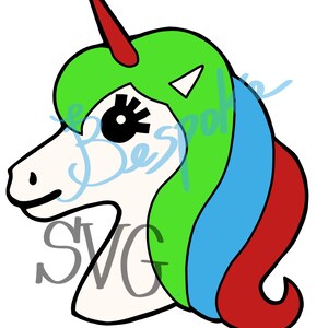May include: A white unicorn head with a green, blue, and red mane. The unicorn has a black eye with eyelashes and a red horn.