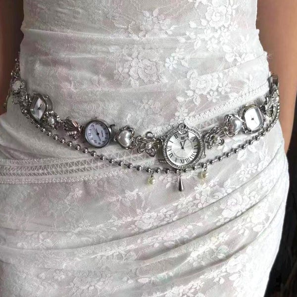 Vintage Silber Stern Charm Uhrengürtel, Multi-Watch Silber Kettengürtel, schwarz weiß UhrengürtelBag Strap, Punk Uhr Hosenkette, Uhr Taille Gürtel