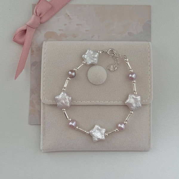 Natürliche rosa-violette Süßwasserperlenarmband-Serie mit Stern-, Herz-, Mond- und Schmetterlinganhängern. S925 Silber verstellbare Kette.