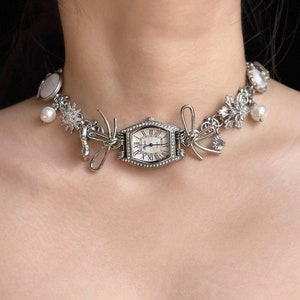 Vintage punk  silver bow watch choker necklace,  Silver chunky chain choker, Metallic Y2K necklace, Elegant Trend Clutter Cool Necklace.