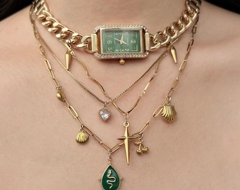 Vintage Green Watch Choker Necklace,Punk Cross Chram Gold Watch Choker,Snake Pendant Layered Necklace,Y2K Clock Necklace,Gold Chain Choker