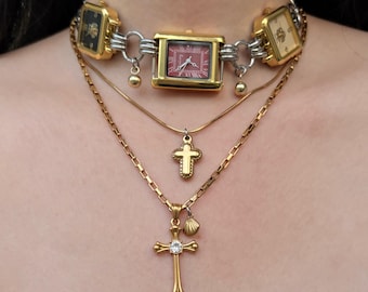Vintage Punk 3-Watch Choker Necklace,Cross Chram Layered Necklace, Gold Watch Choker, Heart Watch Necklace,Y2K Clock Necklace Gift For Her