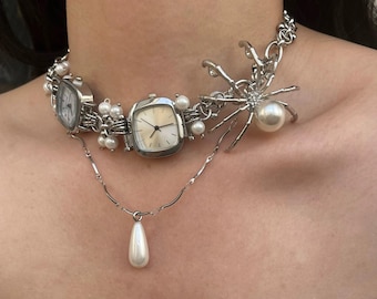 Vintage silver watch choker necklace, spider pendant necklace,punk spider watch choker, metallic Y2K necklace,  grunge pearl watch choker