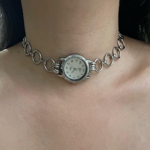 Elegant minimalist silver watch choker necklace, black watch choker, chunky silver chain choker, Y2K jewelry, unisex retro choker necklace.