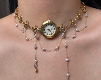 Gargantilla con reloj de perlas vintage, collar de perlas con cuentas, elegante joyería de boda, collar retro, regalo de Navidad para ella, joyería de oro para mujer