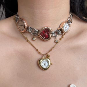 Vintage Red Heart Watch Choker Necklace, Red Cross Layered Necklace, Star Shell Pendant Clock Necklace, Glamorous Wedding Jewelry  Gift