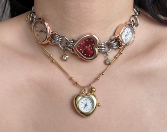 Vintage Red Heart Watch Choker Necklace, Red Cross Layered Necklace, Star Shell Pendant Clock Necklace, Glamorous Wedding Jewelry  Gift