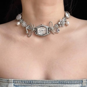 Vintage punk  silver bow watch choker necklace,  Silver chunky chain choker, Metallic Y2K necklace, Elegant Trend Clutter Cool Necklace.