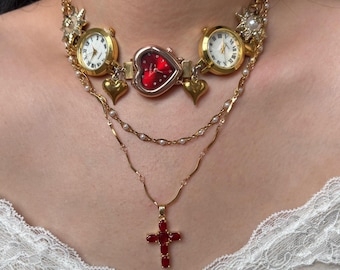 Vintage Red Heart Watch Necklace,Trendy Gold Watch Choker,Red Cross Layered Necklace Set,Glamorous Gold Jewelry,Colorful Accessories Gift