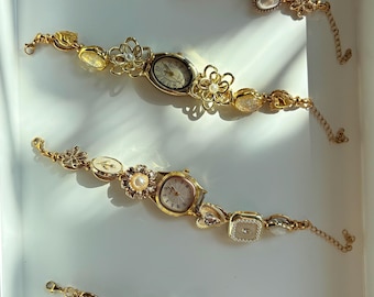 Elegante orologio da polso in oro, bracciale con pietre preziose, orologio da polso con ciondolo, orologio con ciondolo Y2K, gioielli con orologio di perle, gioielli in oro, bracciale con orologio vintage