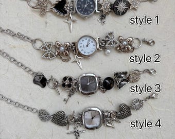Vintage black and white watch bracelet,Black watch jewelry,Silver watch multi-chram button bracelet,y2k wrist watch,gothic silver watch gift