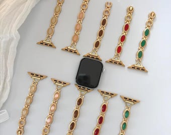 Colorful Gemstone Apple Watch Band, Vintage Tiger Eye Watch Strap, Green Gemstone iWatch Strap, Y2K Pink Beaded Gold Smart Watch Band Gift