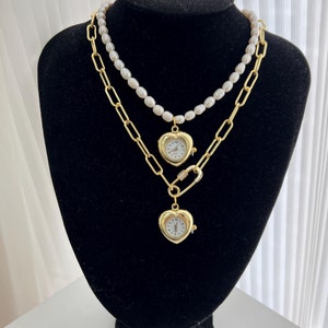 Vintage Pearl Heart Watch Pendant Necklace, Gold Pin Clock Necklace, Heart Watch Keychain, Pearl Watch Keychain, Wedding Pearl Necklace Gift