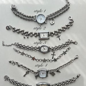 Minimalist silver wrist watch for women, elegant silver charm bracelet,custom silver watch bracelet, Y2K clock bracelet, handmade watch gift