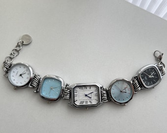 Punk Multicolor Five Watch Bracelet, Silver Chain Multi-Watch Bracelet,Y2K Watch Jewelry, Custom Clock Bracelet, Unisex Statement Watch Gift