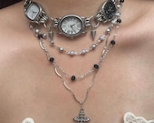 Punk Vintage Silver Black Watch Necklace, 3 Clock Spike