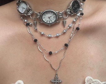 Punk Vintage Silver Black Watch Necklace, 3 Clock Spike