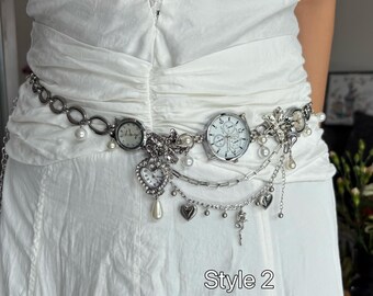 Vintage Watch Silver Chain Belt,Punk Pearl Pants Chain,Grunge Watch Bag Strap,Y2K Pants Chain, Trendy Watch Waist Chain,Christmas Gift