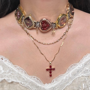 Vintage 5 Red Watch Necklace,Star Charm Red Watch Choker,Gothic Ruby Cross Layered Necklace Set,Glamorous Gold Jewelry,Colorful Accessories