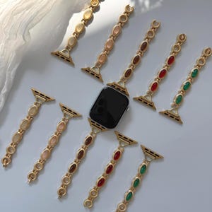 Colorful Gemstone Apple Watch Band, Vintage Tiger Eye Watch Strap, Green Gemstone iWatch Strap, Y2K Pink Beaded Gold Smart Watch Band Gift image 3