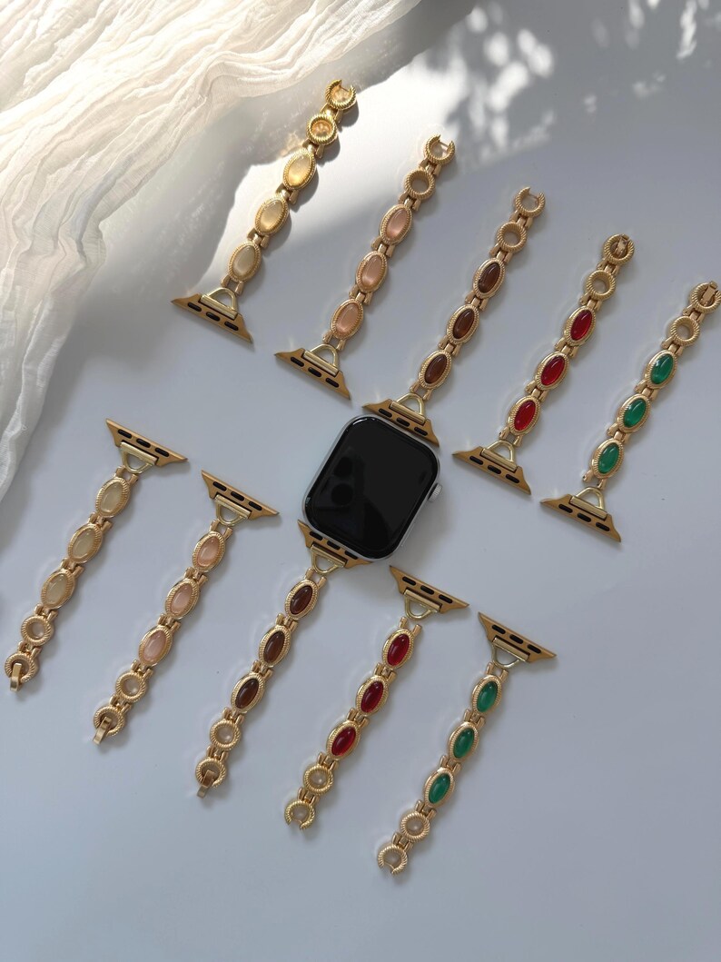 Colorful Gemstone Apple Watch Band, Vintage Tiger Eye Watch Strap, Green Gemstone iWatch Strap, Y2K Pink Beaded Gold Smart Watch Band Gift image 3