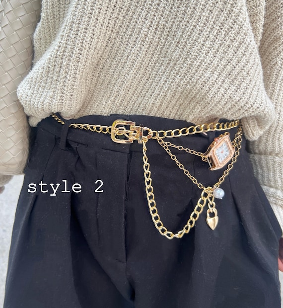 Punk Gold Watch Belt,layered Pants Chain, Gold Chain Belt, Clock