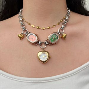 Vintage Gold Heart Watch Choker Necklace, Red&Green Watch Choker, Heart Charm Layered Necklace,Y2K Clock Necklace, Glamorous Wedding Jewelry