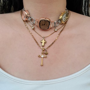 Vintage Punk 3-Watch Choker Necklace,Cross Chram Layered Necklace, Gold Watch Choker, Heart Watch Necklace,Y2K Clock Necklace Gift For Her