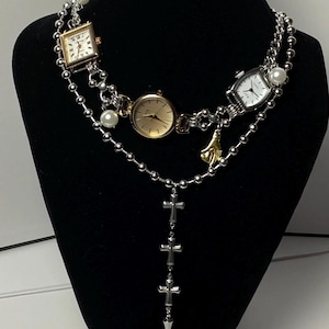 Cyberpunk pearl watch choker necklace, gold watch silver chain choker, long cross spike gothic layered necklace, Y2K unisex jewelry gift.