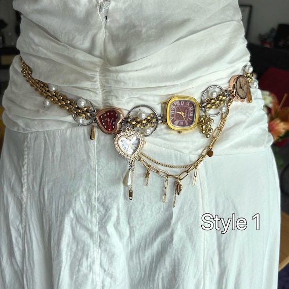 Punk Multi-Watch Gold Chain Belt,Pearl Pants Chain,Gothic Watch Bag Strap,Y2K Pants Chain,Watch Waist Chain,Colorful Accessory,Gold Jewelry