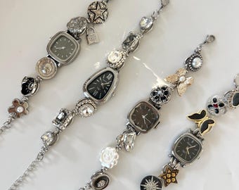 Punk Black Watch Bracelet,Silver Wrist Watch,Y2K Charm Watch,Unique Watch Dial,Elegant Gemstone Watch Bracelet,Trendy Watch Jewelry Gift
