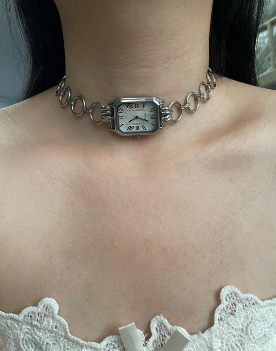 Minimalist Silver Watch Choker Necklace, Silver Chain Choker, Elegant Silver Circle Chain Watch Necklace, Unisex Y2K Clock Choker Necklace.