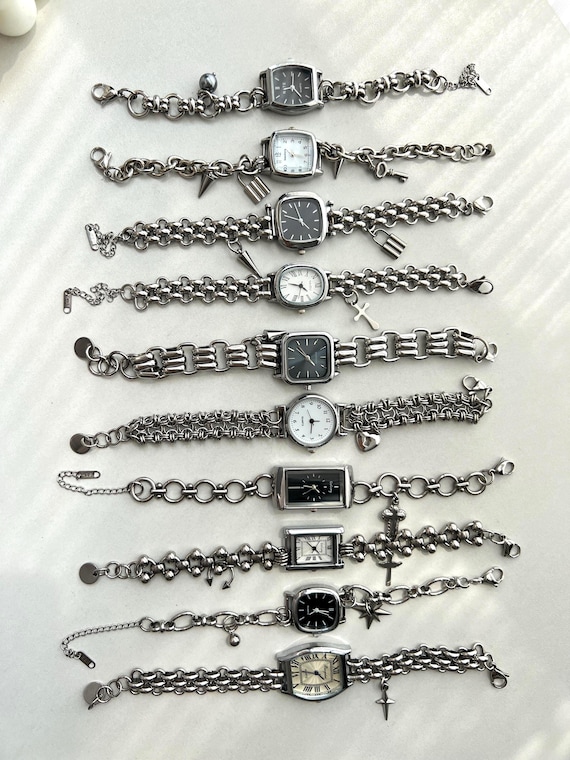 Minimalist black dial silver wrist watch,Y2K charm silver watch bracelet,unique clock bracelet,silver chain bracelet,unisex watch jewelry