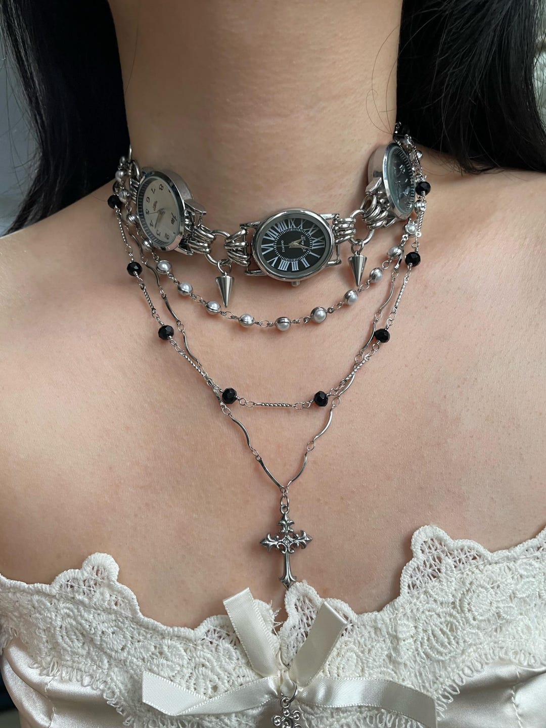 Punk Black&white Silver Watch Choker Necklace,pearl Watch Choker