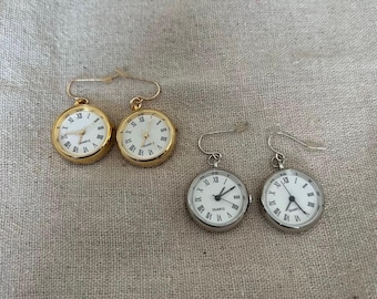 Vintage Gold Clock Earrings, Silver Clock Earrings, Retro Silver and Gold Watch Earrings, Vintage Watch Jewelry, Unisex Jewelry. Y2K Earring
