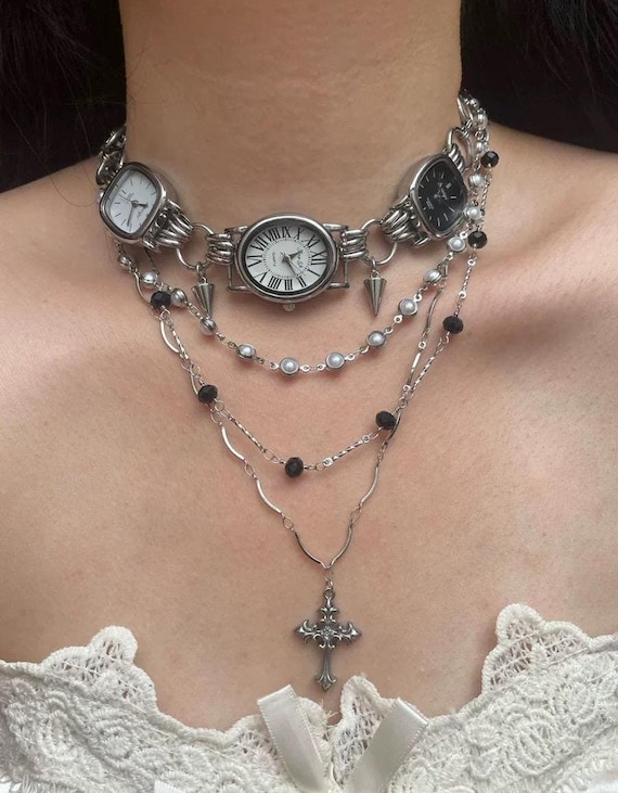 Punk Vintage Silver Black Watch Necklace, 3 Clock Spike Charm Silver Chain Choker, Cross and Pearl Triple Layered Necklace, Y2K Jewelry Gift - Etsy Punk Vintage Silver Black Watch Necklace, 3 Clock Spike Charm Silver Chain Choker, Cross and Pearl Triple Layered Necklace, Y2K Jewelry Gift - Etsy