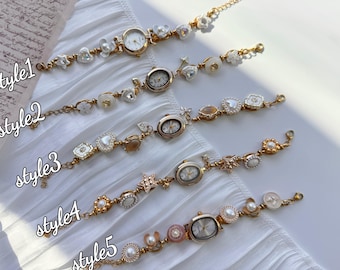 Bracciale con orologio in oro, orologio da polso con ciondolo vintage, gioielli in oro da donna, bracciale con orologio in perle, orologio con pietre preziose, braccialetto con ciondolo Y2K, regalo di Natale